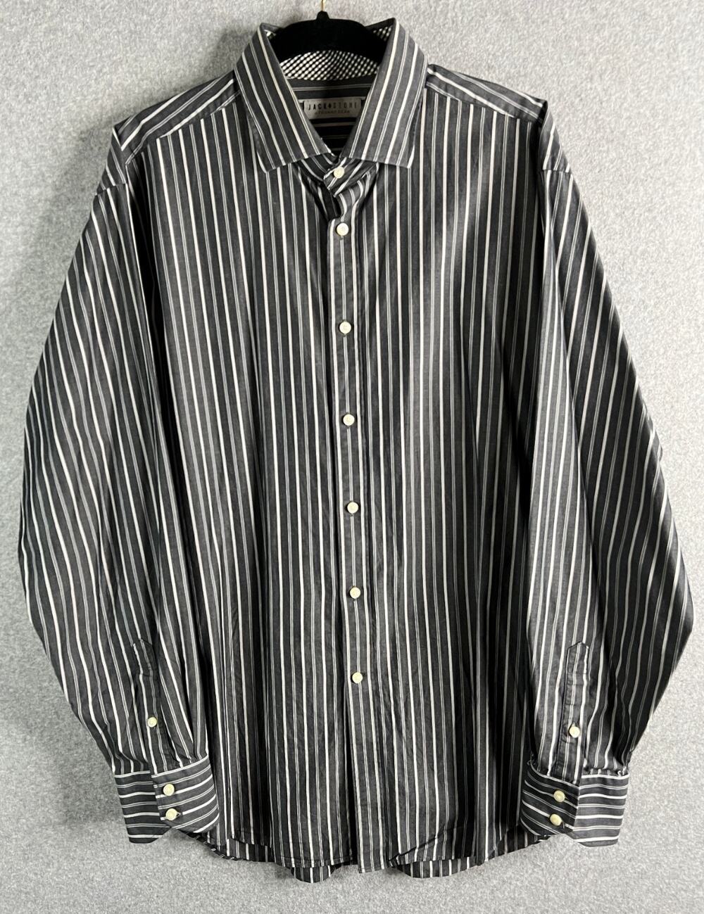 Jack Stone Thomas Dean Mens XL Black Gray Striped Button Up Shirt Cotton Dress